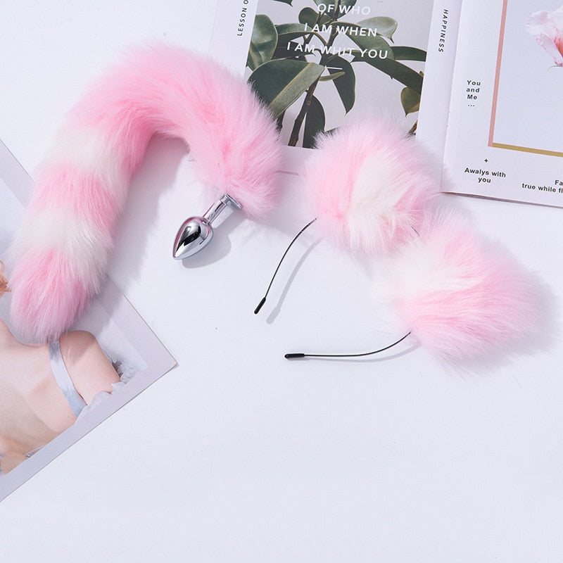 Fox Tail Metal Butt Anal Plug Cute Bow-Knot Soft Cat Ears Headbands Set Erotic Cosplay Accessories Adult Sex Toys for Couples